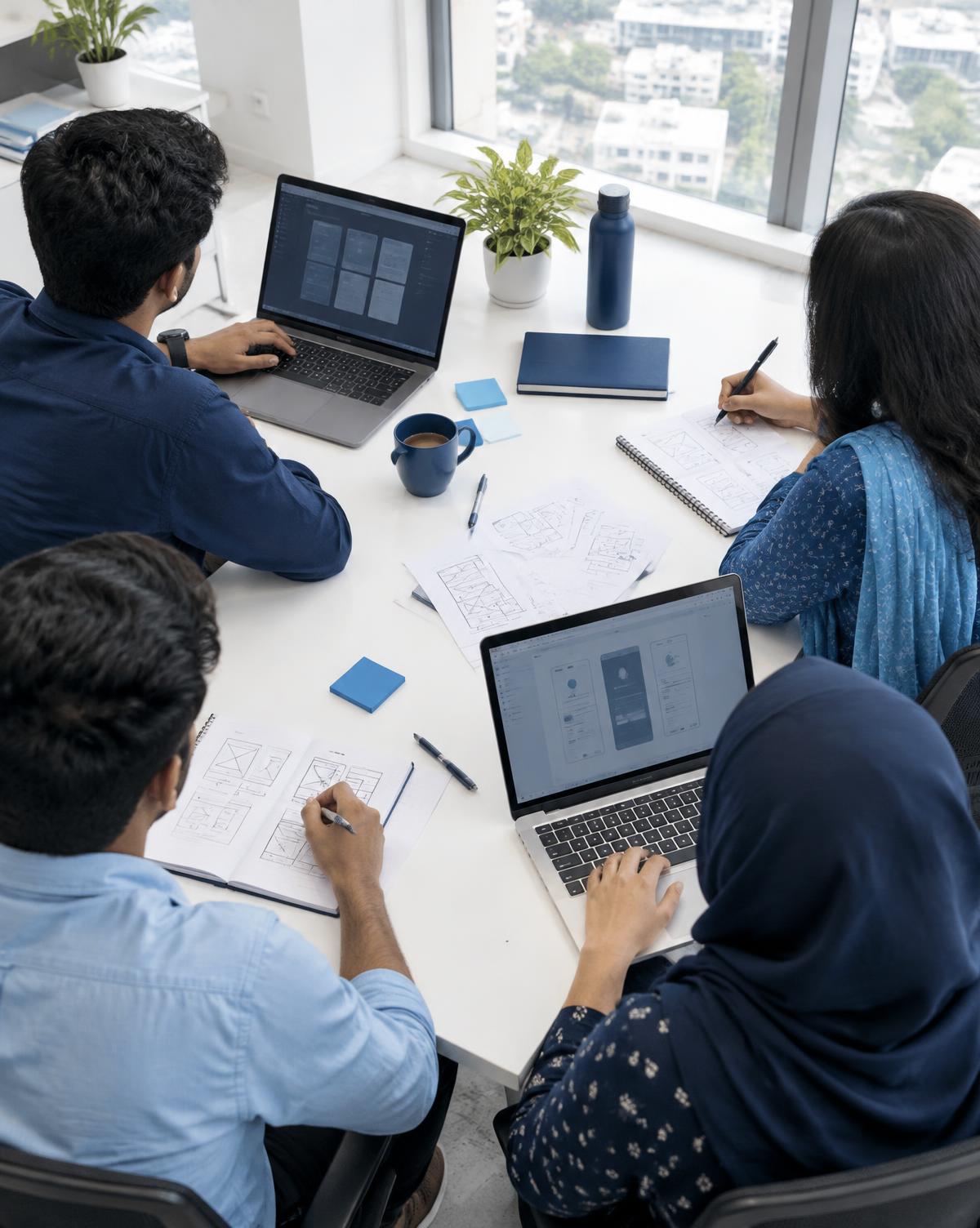 A product team planning interface flows around a shared table