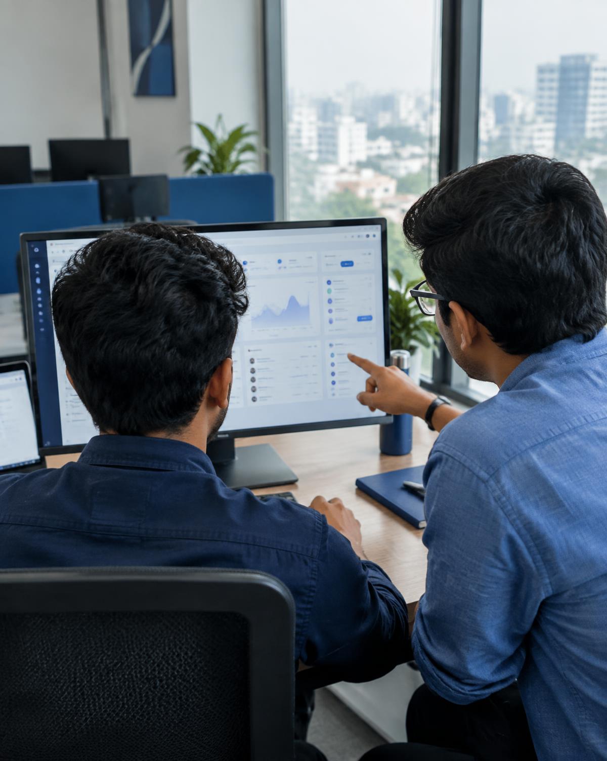 Two engineers reviewing a product interface together